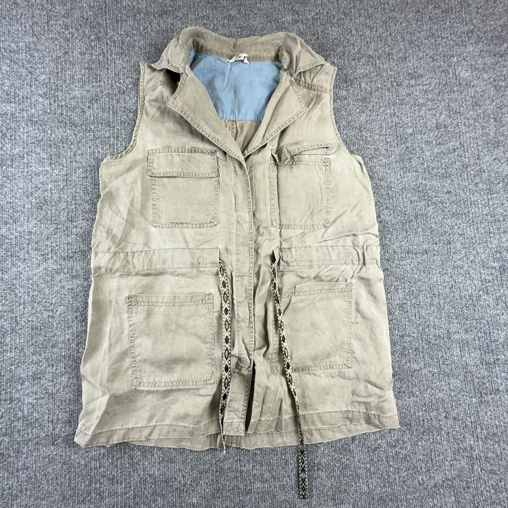 Cato Vest Womens Medium Beige Tencel Drawstring Utility Pockets Twill Casual